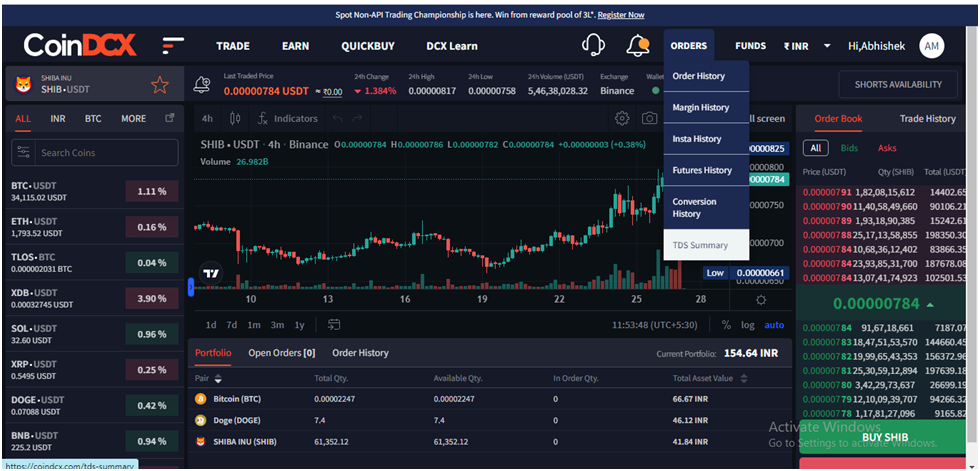 Coindcx Transaction History