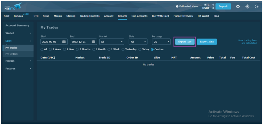 Transaction History on HitBTC 