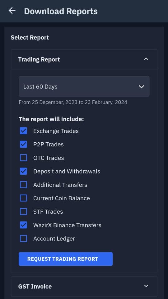 trading report in WazirX Mobile 