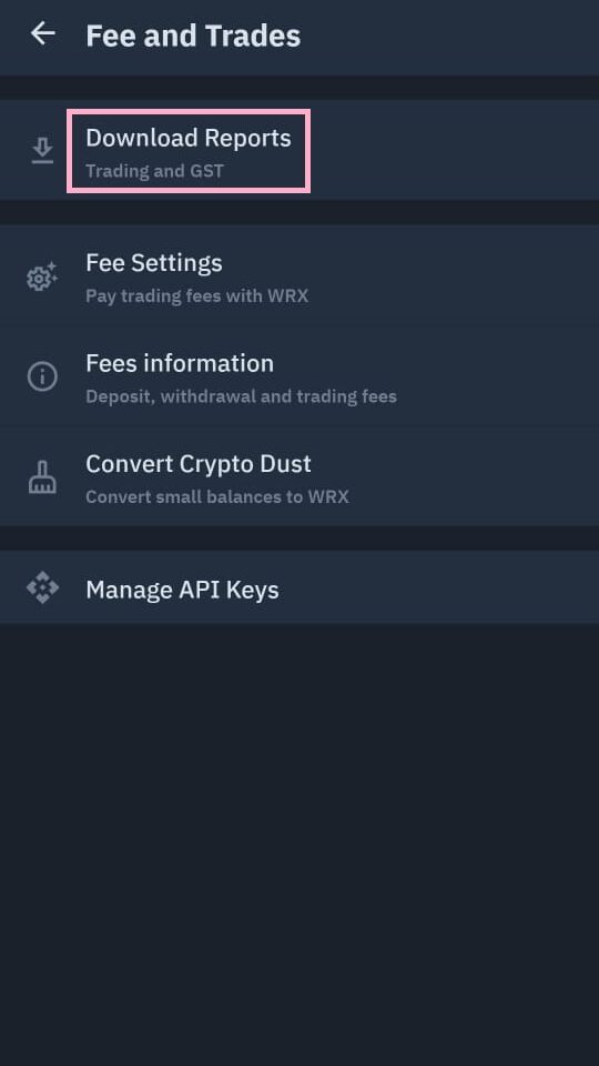 trading report in WazirX Mobile 